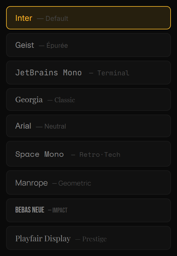 The font list, each rendered in its own typeface
