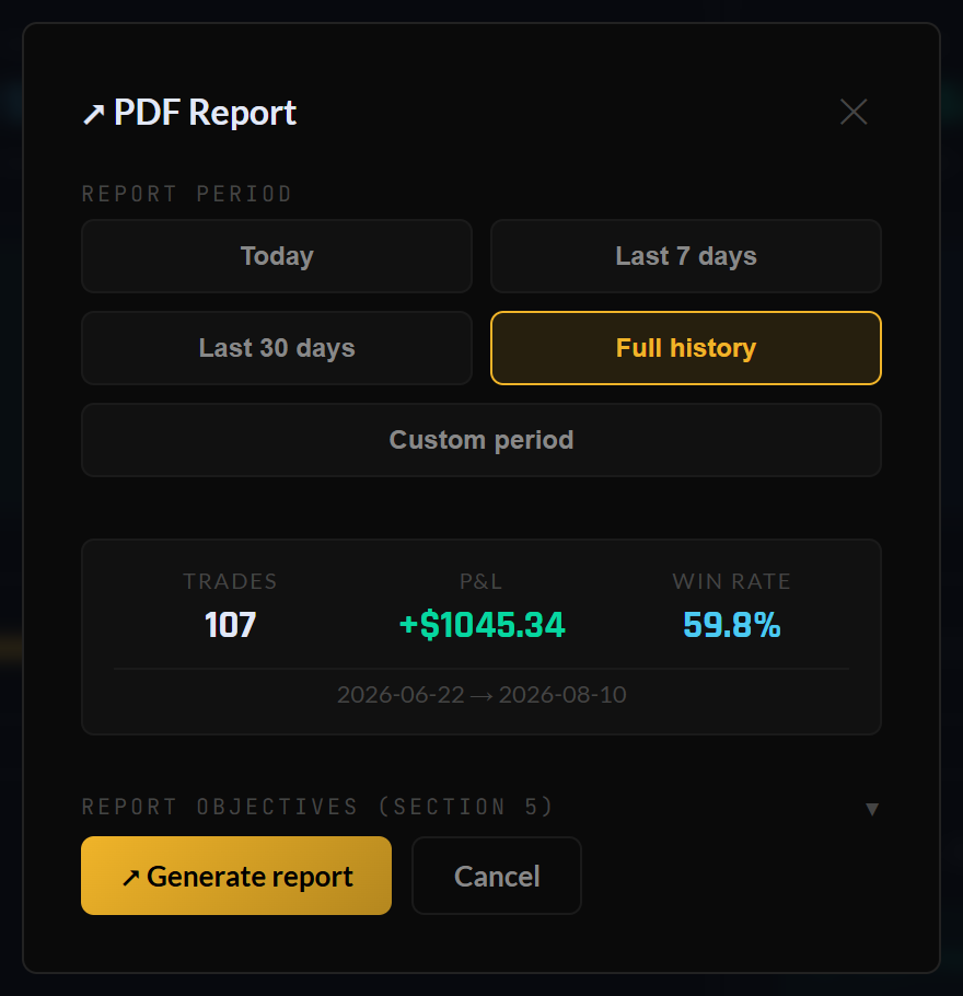 The PDF report dialog